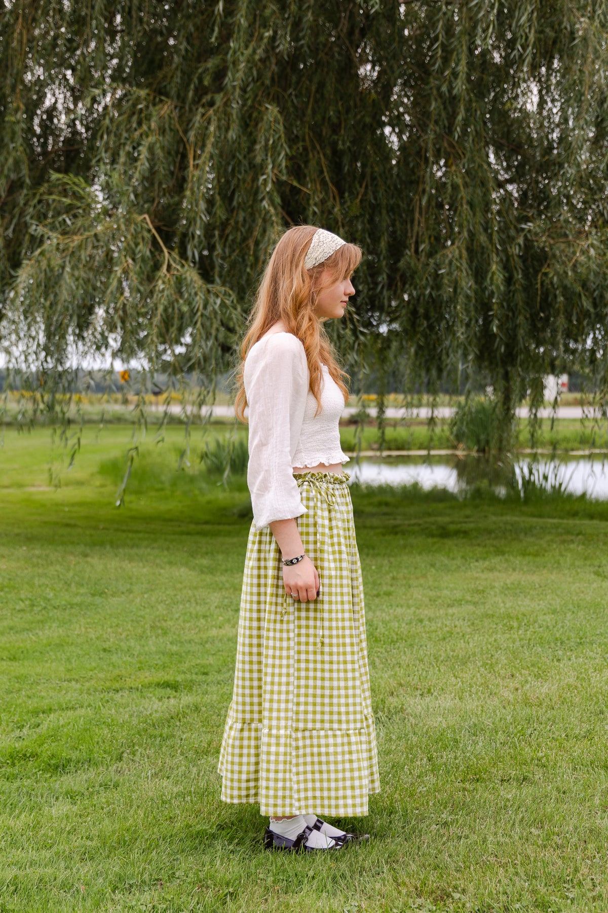 Soleil Maxi Skirt - Size Adjustable - Olive Gingham