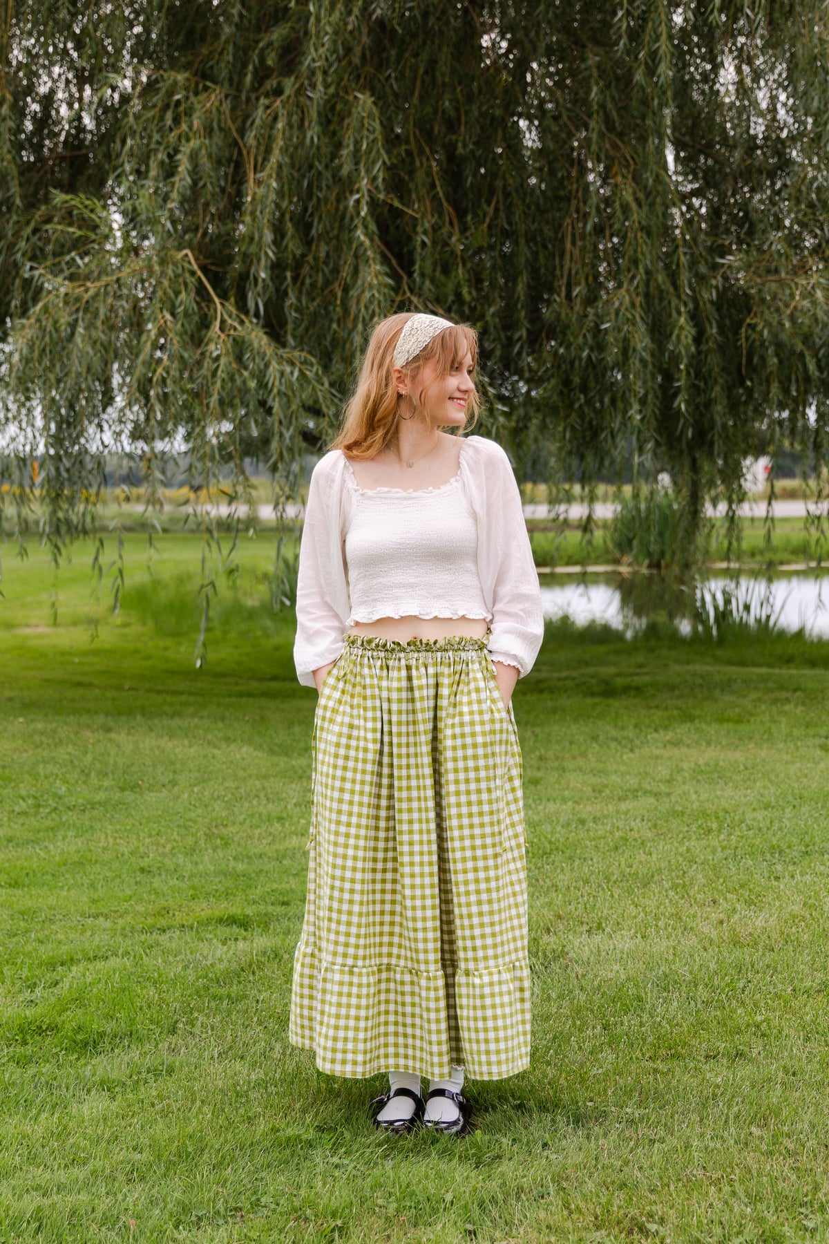 Soleil Maxi Skirt - Size Adjustable - Olive Gingham