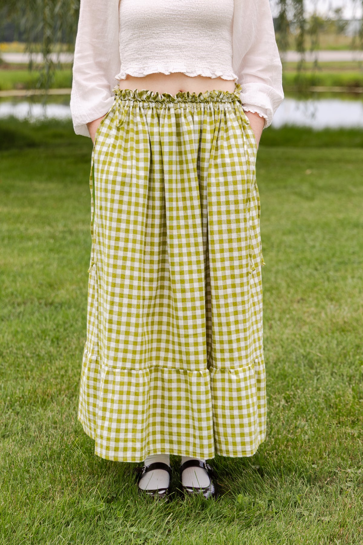 Soleil Maxi Skirt - Size Adjustable - Olive Gingham