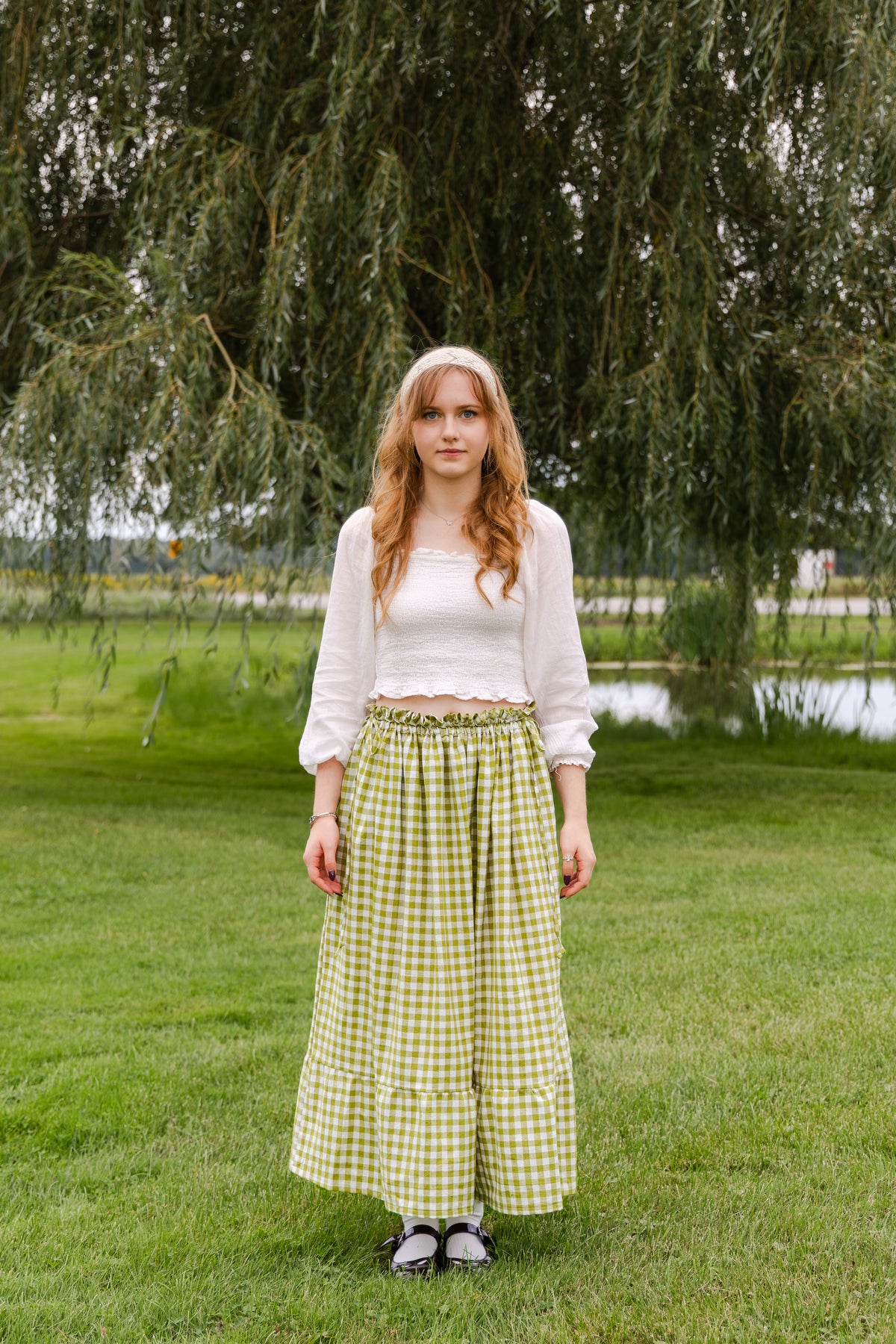 Soleil Maxi Skirt - Size Adjustable - Olive Gingham